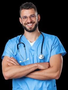 Lekarz uśmiechający się w stronę użytkownika