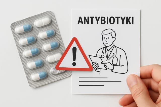 Blister antybiotyków oraz karta informacyjna z napisem „Antybiotyki” i symbolem ostrzegawczym, przedstawiająca błędy w stosowaniu leków.