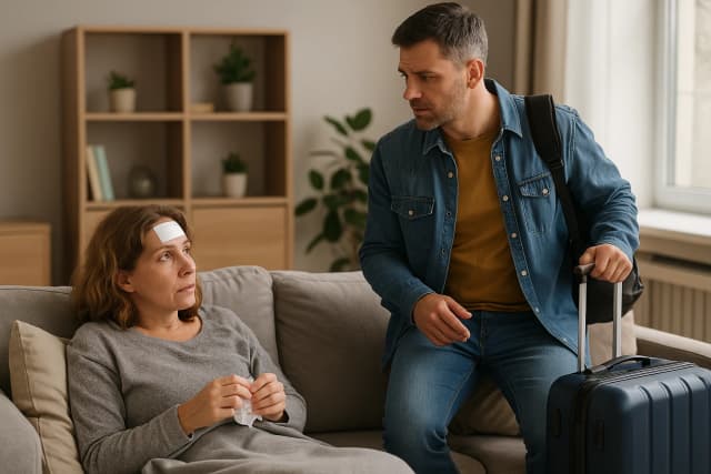 Mężczyzna z walizką rozmawia z chorą kobietą siedzącą na kanapie — przykład sytuacji dotyczącej wyjazdu podczas zwolnienia lekarskiego L4.
